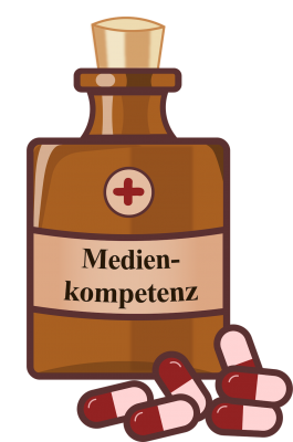Eine Flasche Medizin mit herumliegenden Tabletten, auf der Verpackung steht "Medienkompetenz"
